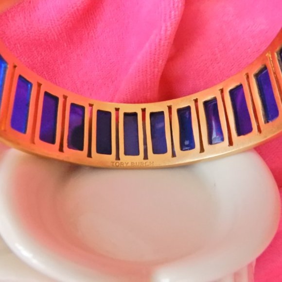TORY BURCH Rectangle Epoxy Blue Gold Cuff Bracelet - Picture 3 of 16